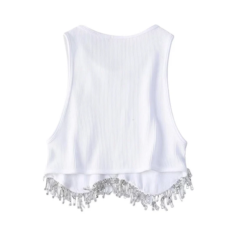 Women's Diamond Beading Knitting T Shirt, Chic Short Camis Tank Tops, Slim Crop Vest, Sexy Hem Tassel Tops, High Street