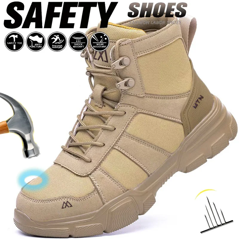 Men's Safety Shoes Steel Toe Protection Safety Boots Anti-Smash Anti-Puncture Work Shoes Fashionable Breathable Casual Shoes Men
