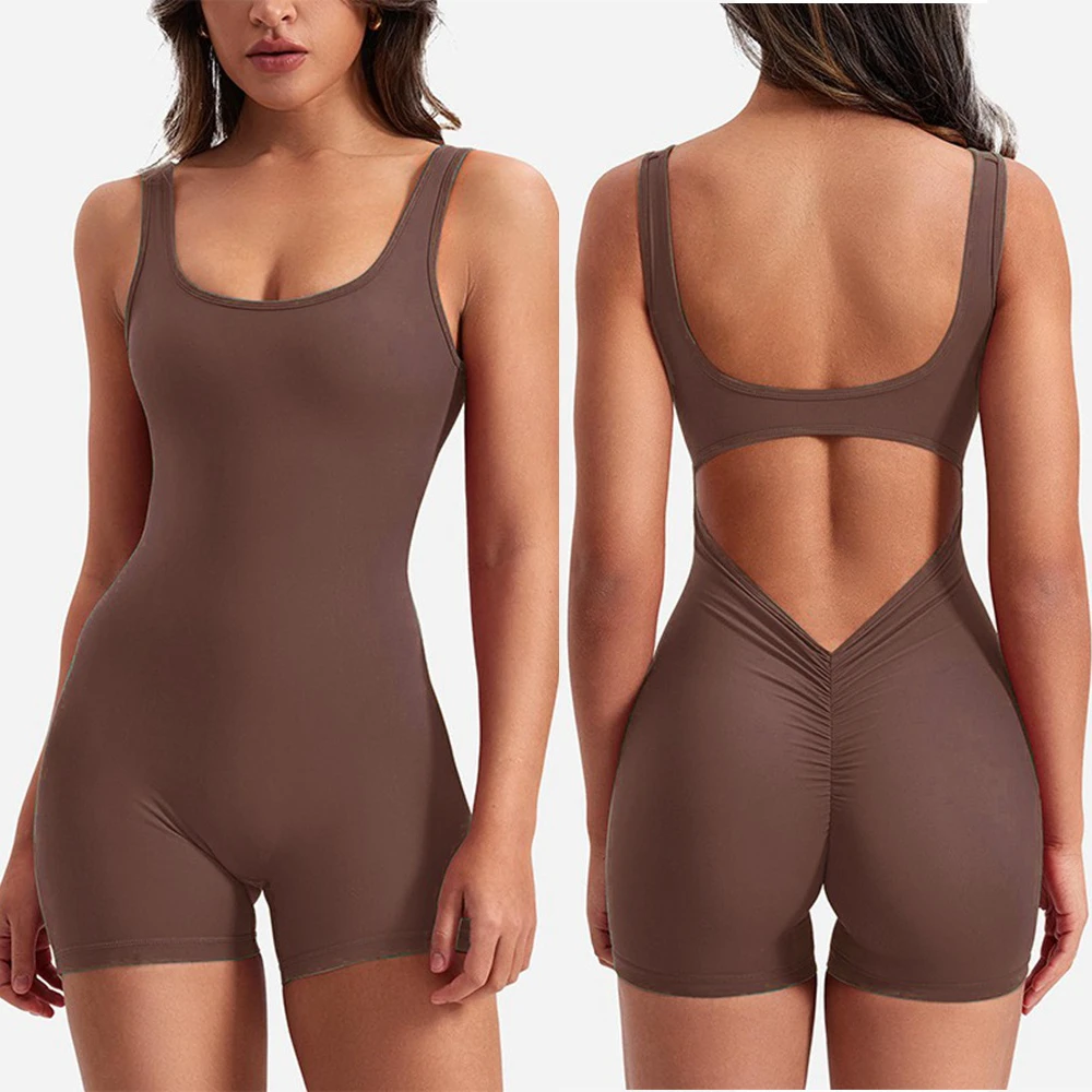 

Women's Sexy Playsuits Backless Tank Rompers Hips Lifting One Piece Halter Sleeveless Yoga Bodysuit Short Jumpsuits Chest Pads