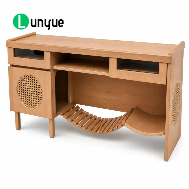 Ash Wood TV Cabinet with Rattan Doors Cat Hammock Double Drawer Media Console Stable Design for Elderly Pet Living Room