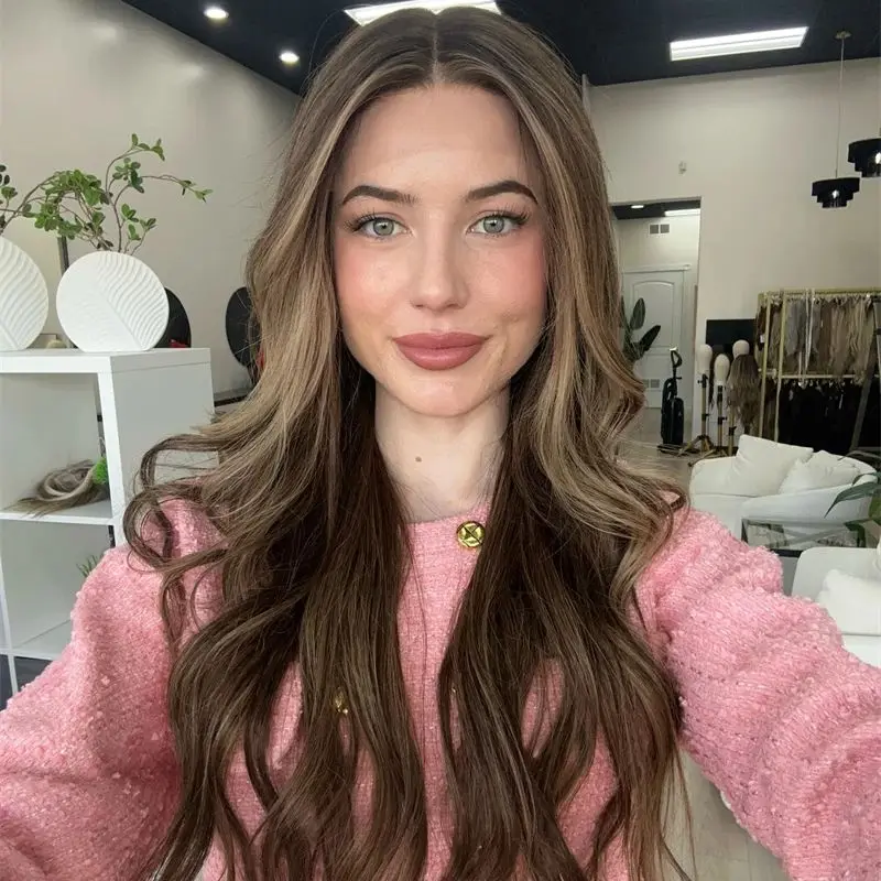 Ombre Dark Brown with Blonde Streaks Synthetic HD Lace Front Wig Blend European Hair Luxury Wig Preplucked Hairline Daily Use