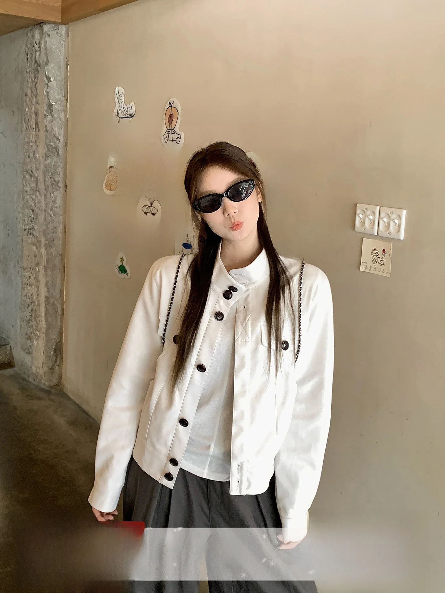 

Women's White Collar Jaet Single Button Color Blo Design Early Autumn Casual Versatile Cotton Polyester Blend Coat
