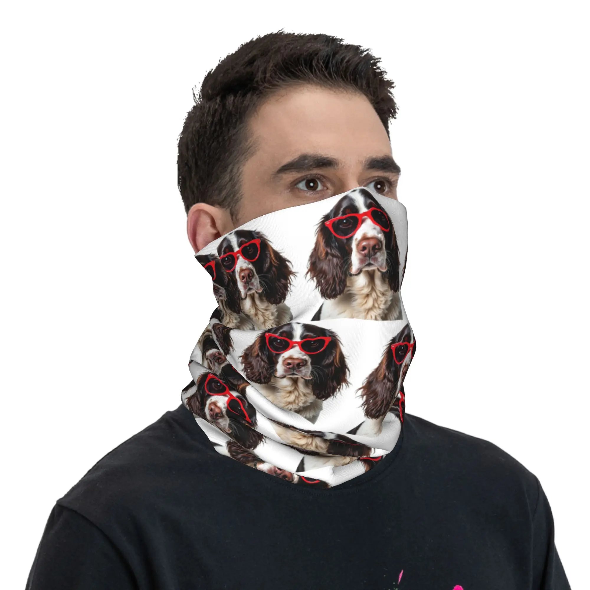 English Springer Spaniel dog wearing a heart shape sunglasses Bandana Neck Cover Printed Wrap Scarf Balaclava Cycling