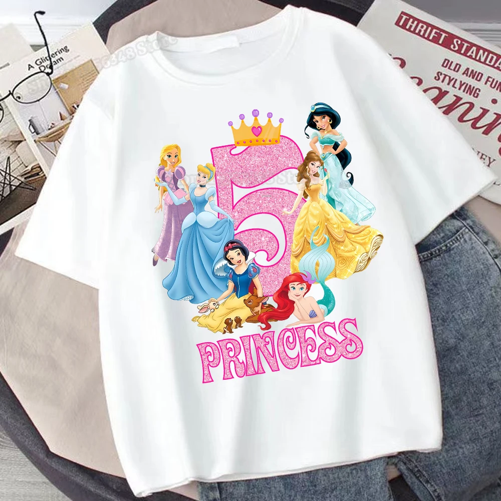 Disney Princess Kid T-Shirts Birthday Number 1 2 3 4 5 6 7 8 9 10 Tees Children Cartoons Casual Tops Girls Clothes Snow White