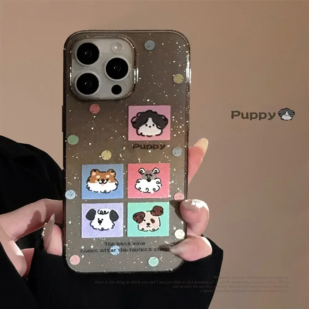 Divertido cachorro Shiba Inu dibujos animados Chow Chow perro brillo transparente funda de teléfono para iPhone 16 15 14 13 12 11 Pro Max funda bonita