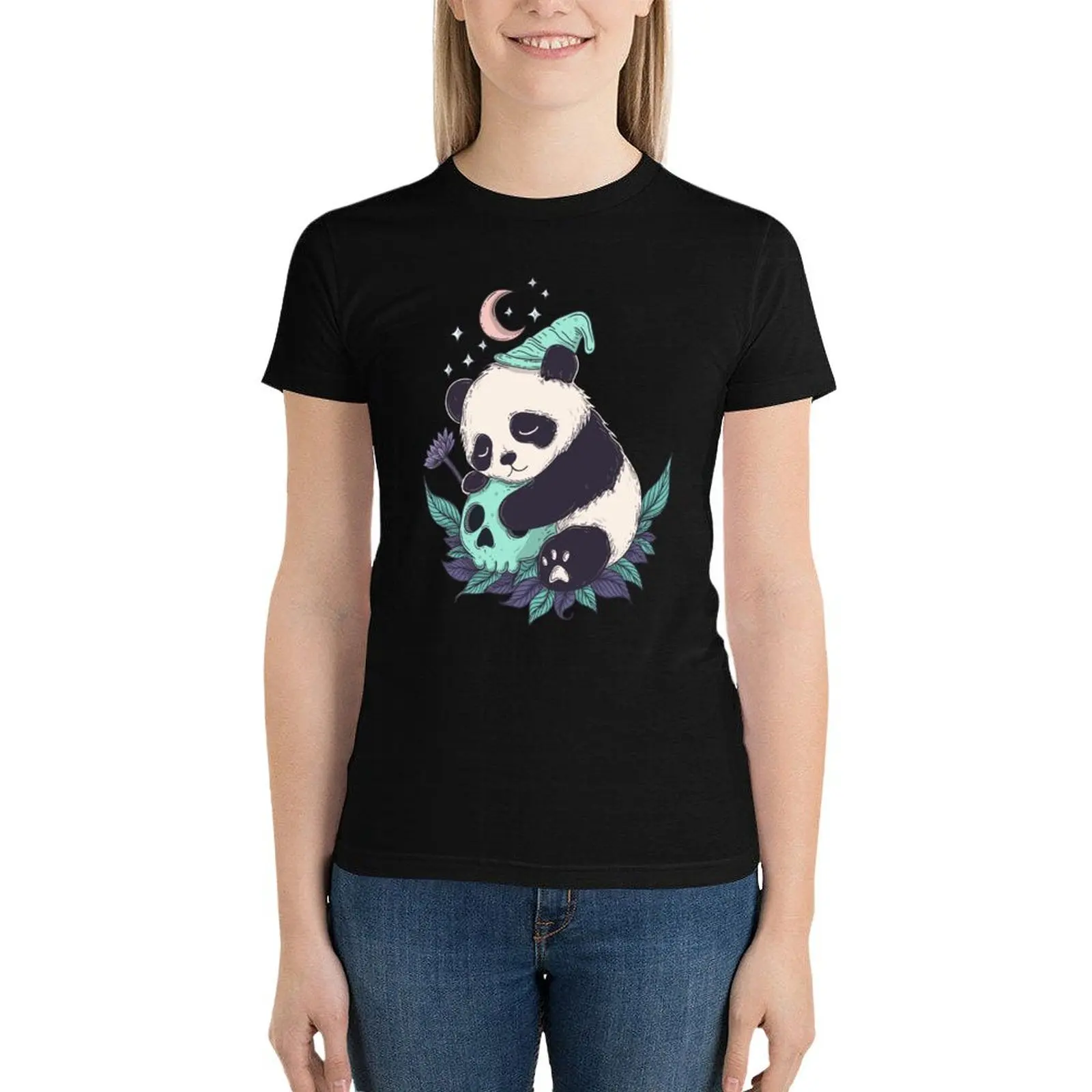 

Sleepy panda and skull T-Shirt shirts graphic tees plus size tops hippie clothes t shirt for Women