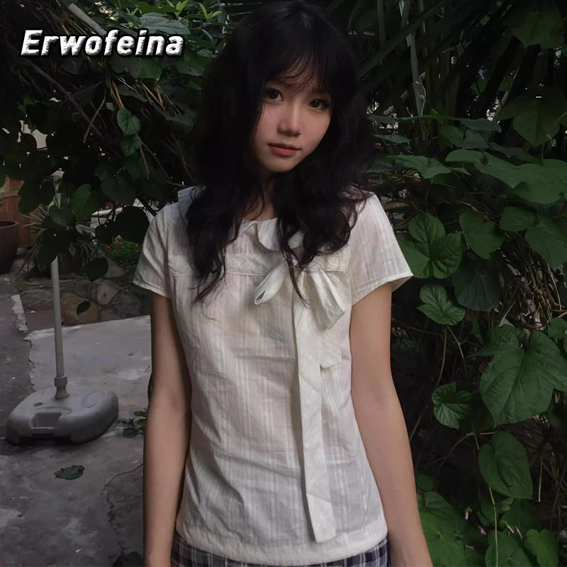 

Erwofeina Preppy Style Turn-down Collar Shirts And Blouses Korean Style Women Clothing Short Sleeve Blouse Summer Tops Y2k Chic
