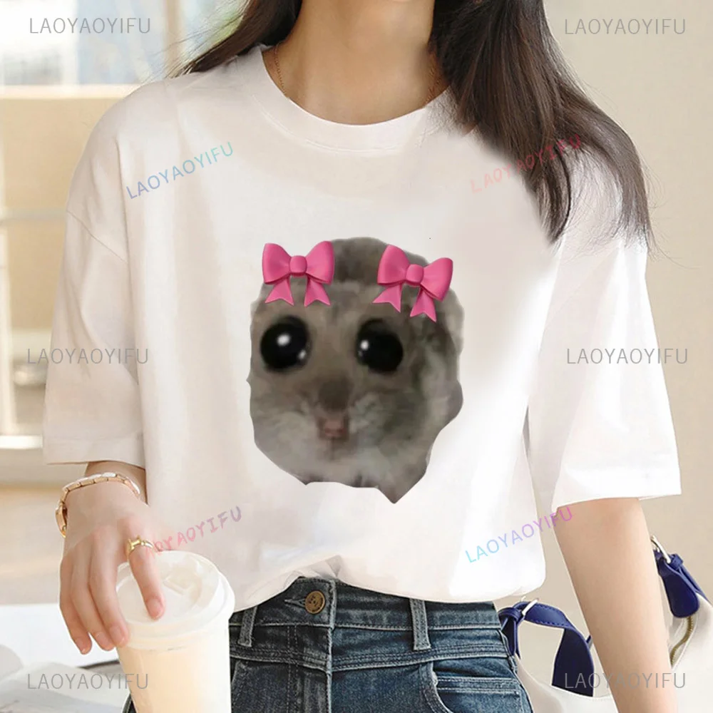 Sad Hamster T-shirts Cotton Women Manga T Shirt Funny Cute Girl Manga Harajuku Clothing Fashion Casual Short-sleev Tops Tees