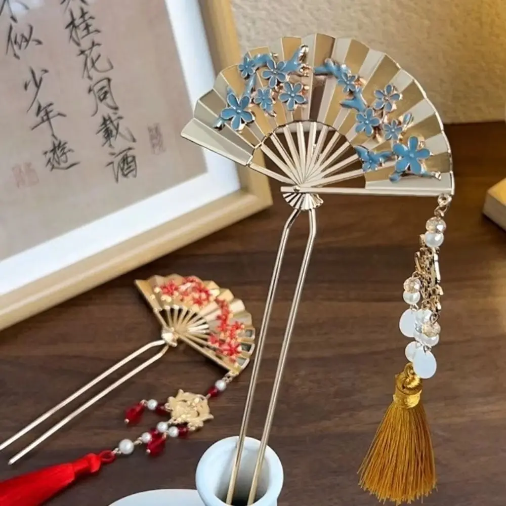 Elegant Fan Shape Tassel Hairpin Neo-Chinese Styl Alloy Hair Stick Fringe Tassel Pearl Accent Pearl Hair Fork For Bride
