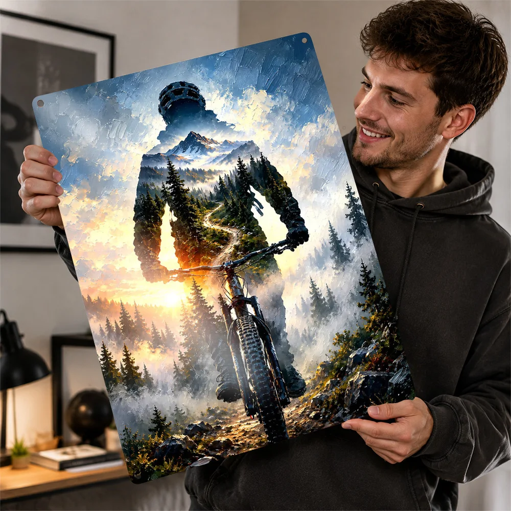 Mountain Biker Landscape Textured Metal Poster Double Exposure Wall Art For Home Gym Personalized Aluminum Sign Birthday Gift