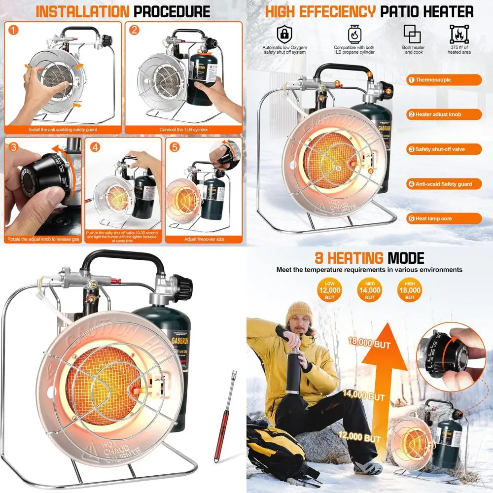 

Portable Propane Patio Heater/Cooker, 18,000 BTU with USB Ignition, Ideal for Camping, Hunting, Fishing, and RV Use (Gas Not Inc