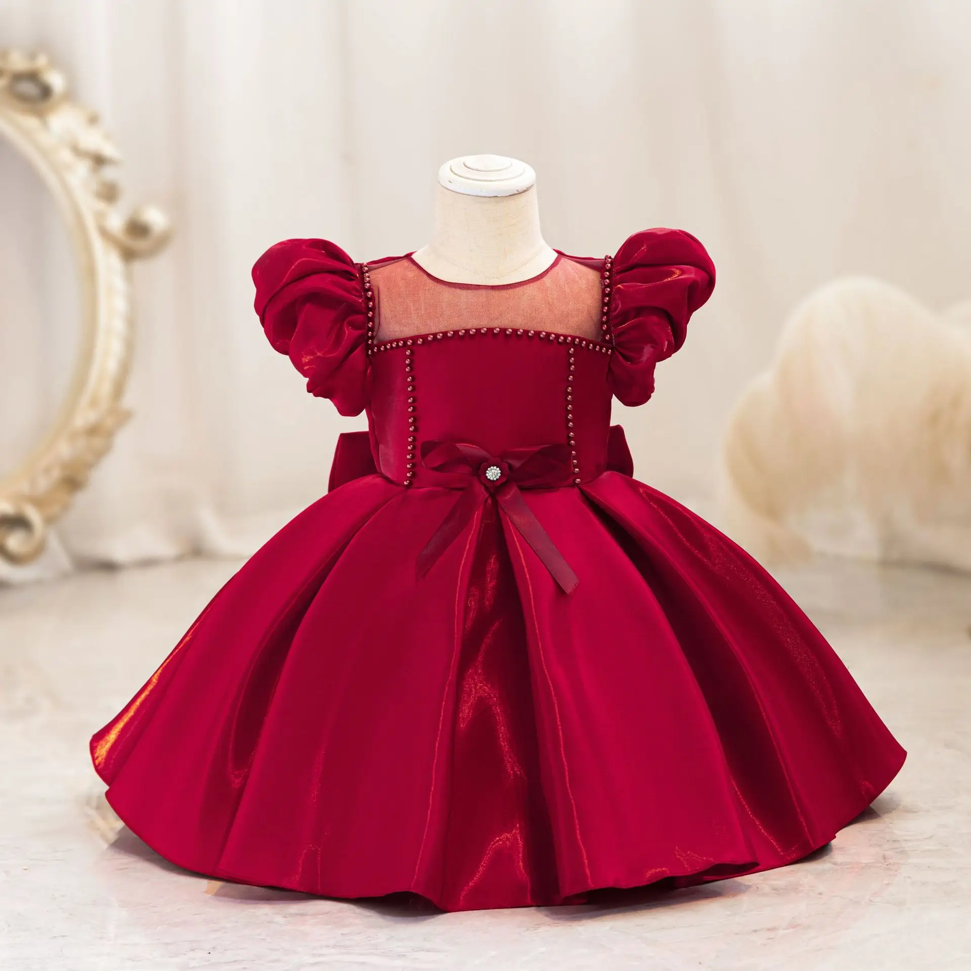 

Summer Birthday Dress Short Sleeve Children Clothing Mesh Bow Baby Girl's dress Party Wedding Ball Gown