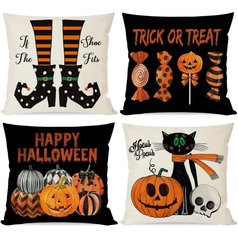 

Halloween pillowcase 18x18 set, 4 witch legs black cat Pumpkin hug pillowcase