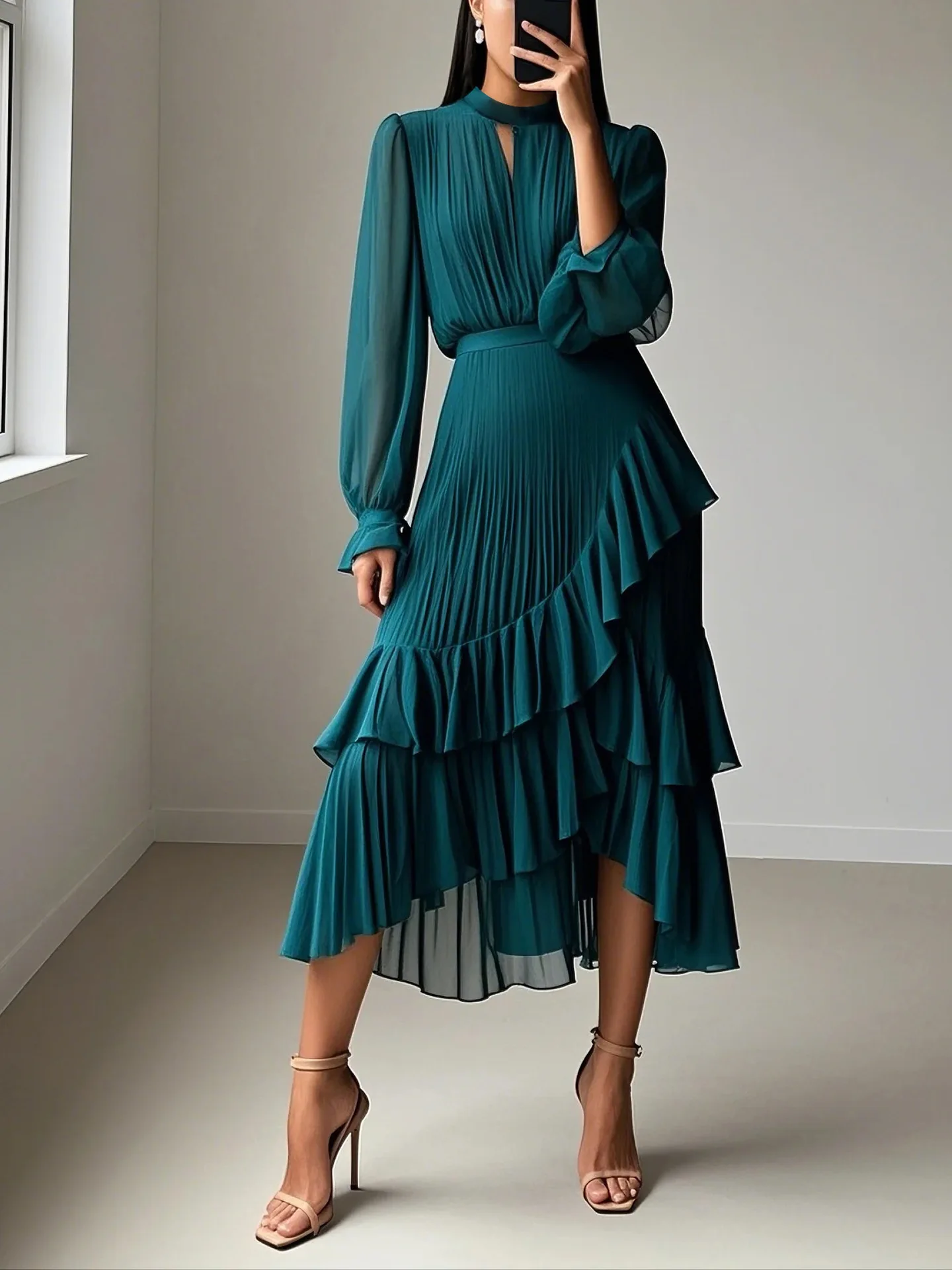 LGRQ 2026 Summer New Solid Color High Waist Dress With Ruffled Hem And Pleats Mid-Length Party Evening Gown