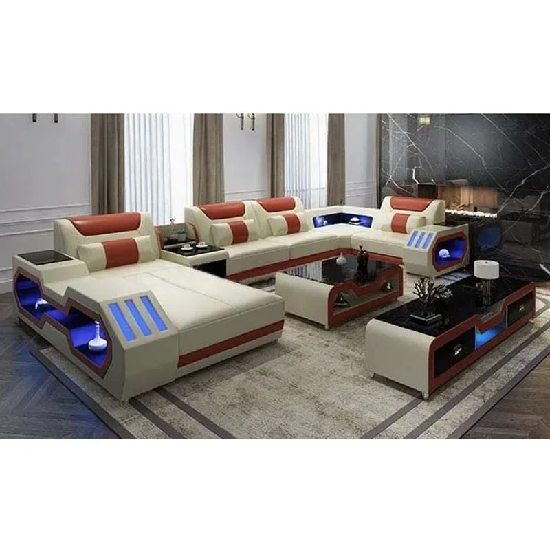 2022 High Quality Modern Luxury smart Leather Sectional Sofa Chairs Set Couch Living Room furniture Sofas With Led