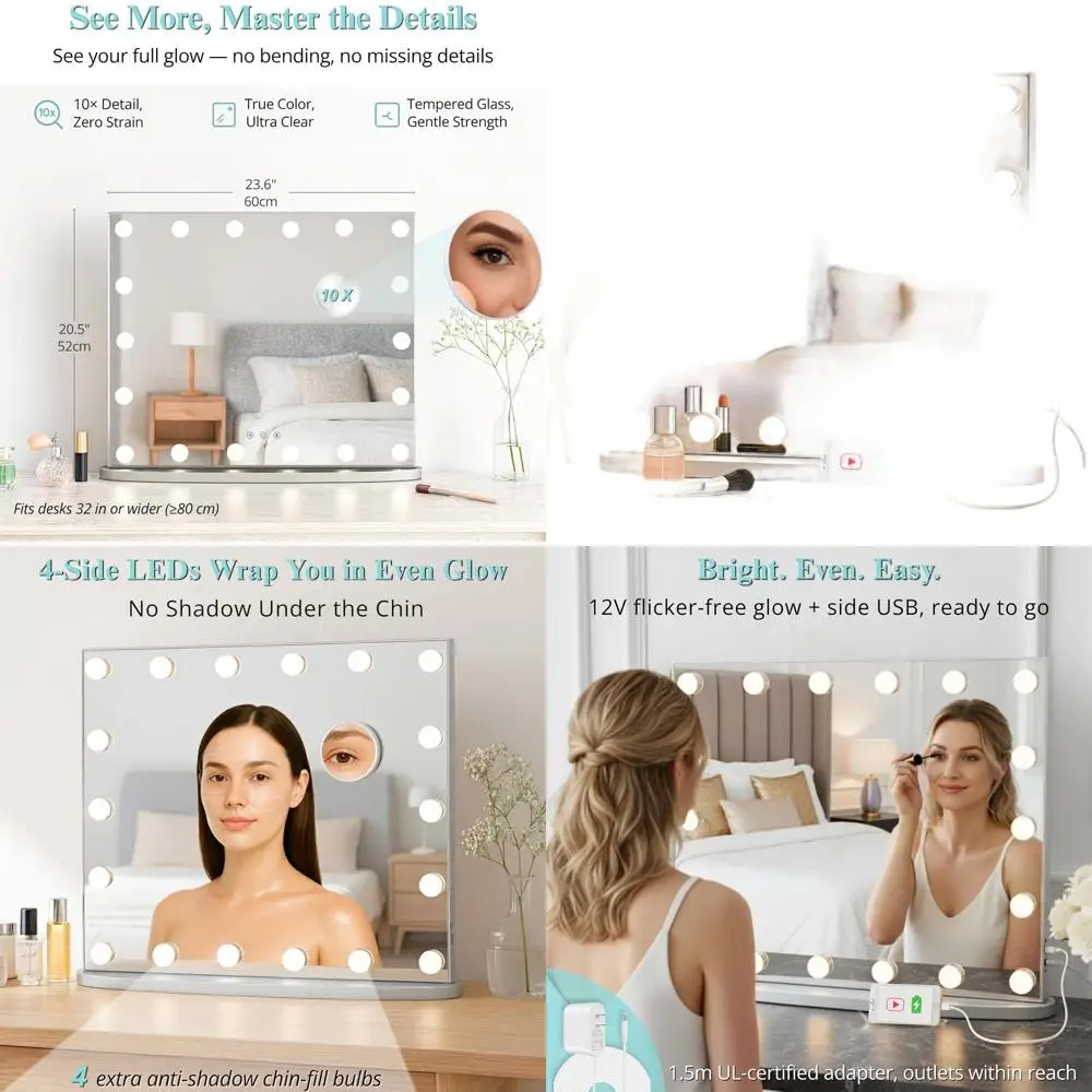 مرآة مكياج مضيئة بإضاءة LED، مرآة زينة 23.6 مع 18 مصباحًا، 3 أوضاع ألوان، منفذ USB، لاستخدام غرفة النوم #1