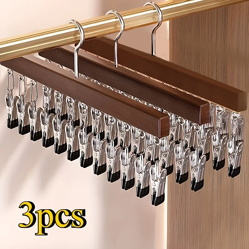 

3pcs Hanger with Clips Wood & Stainless Steel Multi-clip Pants Hanger for Closet