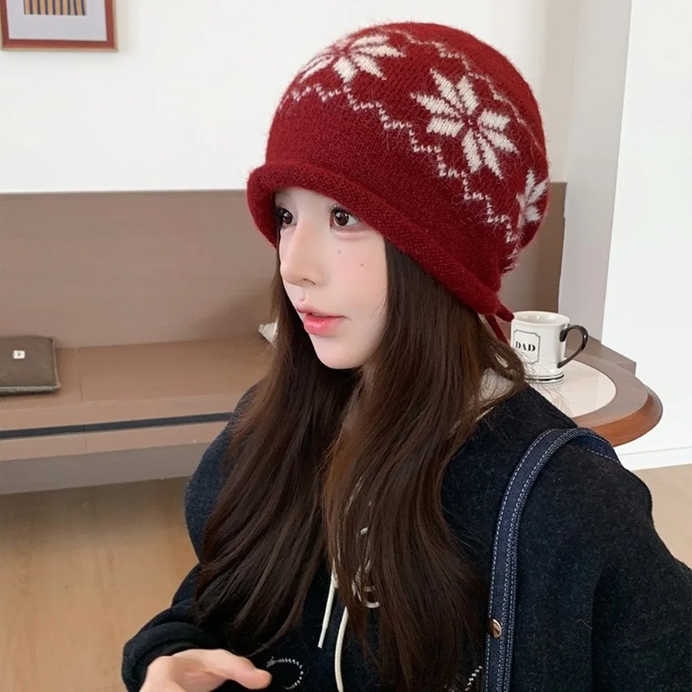 Fashion Drawstring Knitted Hat Snowflake Printed Keep Warm Beanies Hat Winter Hat Autumn