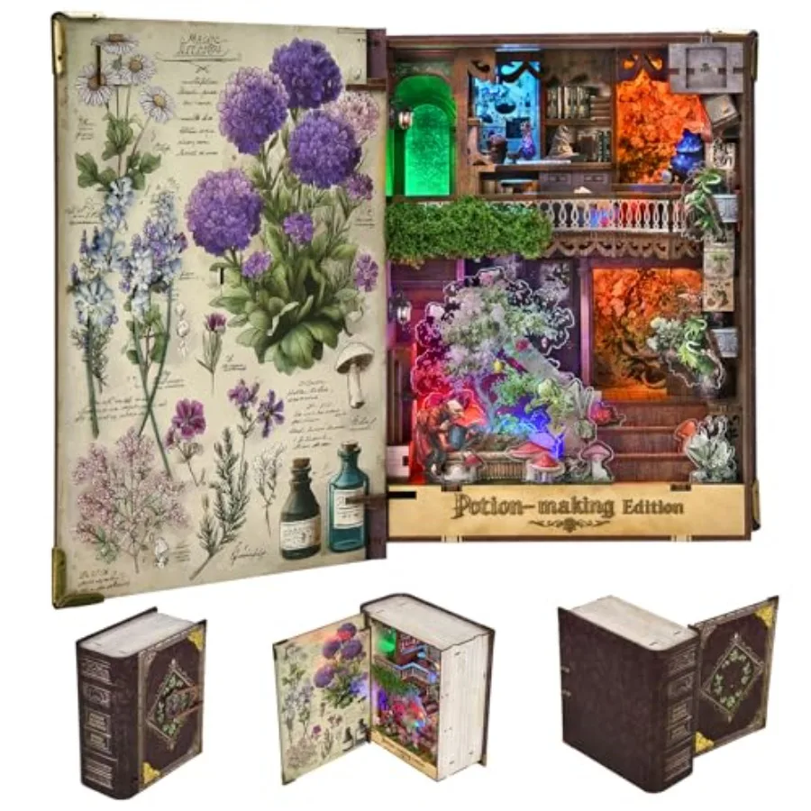 

Book Nook Kit for home office decor, laser-cut wooden material, natural wood color, easy assembly with LED light illumination