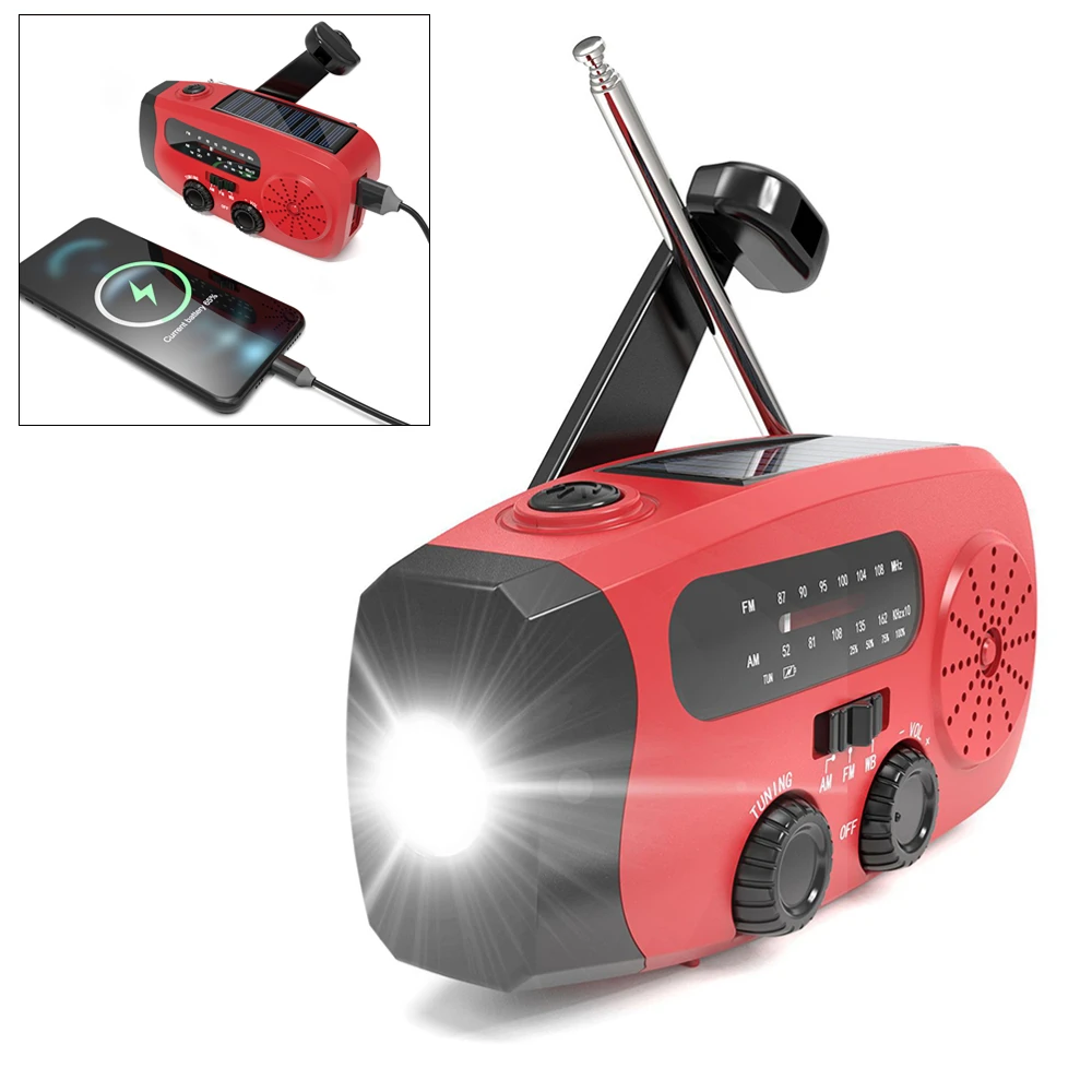 Multifunction Radio 2000mAh Portable Hand Crank Solar Radio USB FM/AM/WB Weather Radios Emergency Flashlight Power Bank