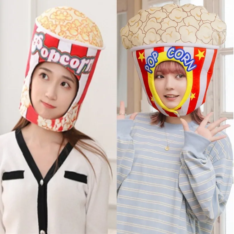 

2026 New Funny Popcorn Bucket Hat Novelty Food Plush Cap Cinema Party Costume Mardi Gras Halloween Decoration Photo Props Caps