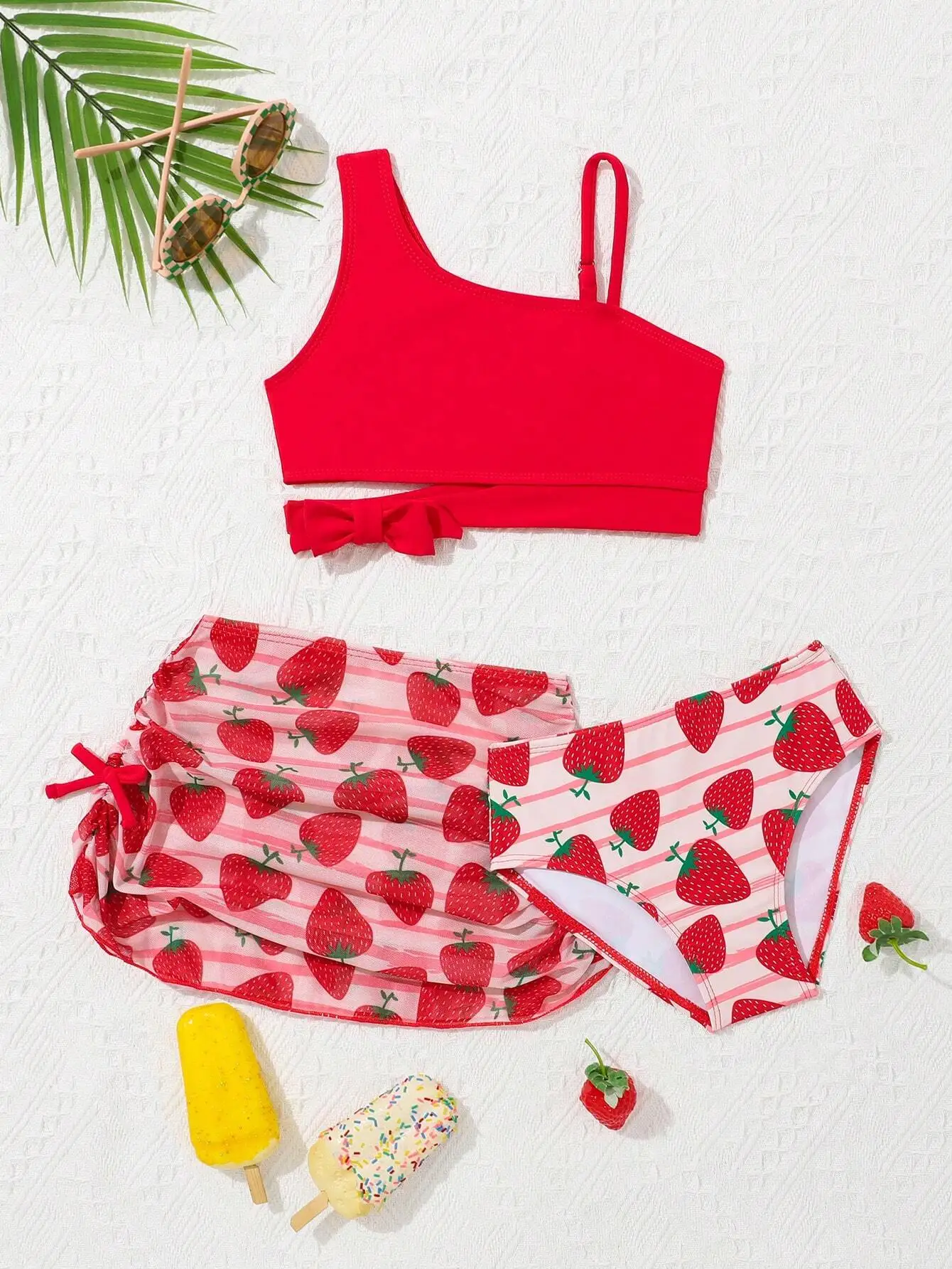 

Solid Red One Shoulder Top Strawberry Print High Waist Swimwear Set