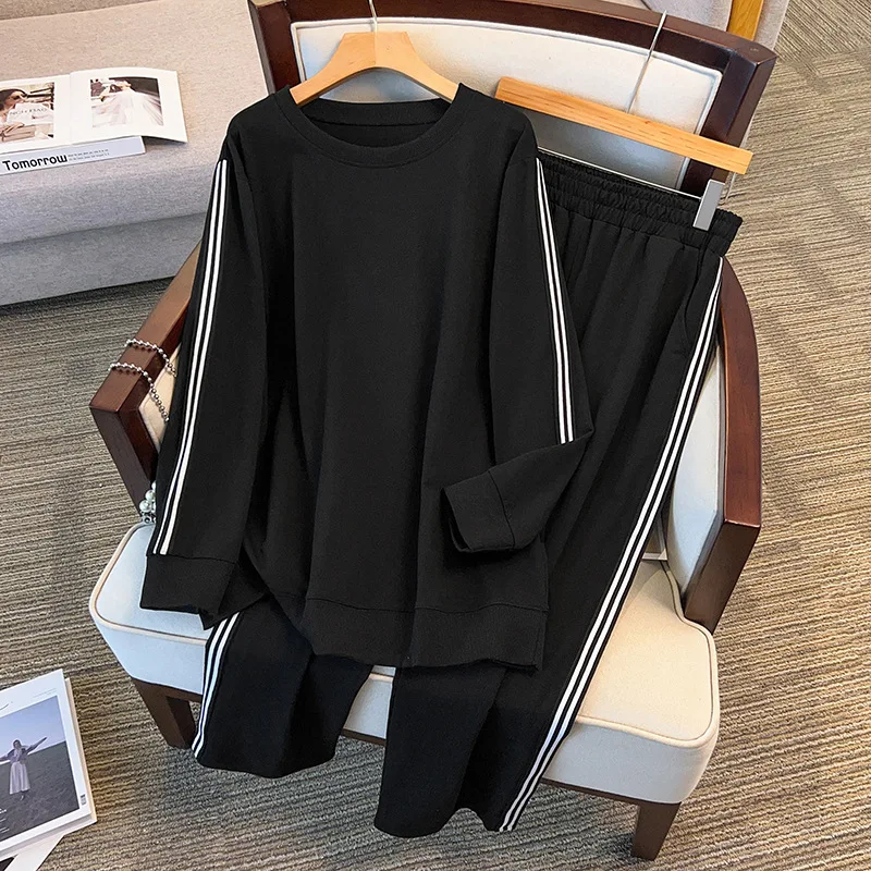 

155Kg Plus Size Women's Bust 170 Autumn Striped Sweatshirt Long Pants Casual Set Black 4XL 5XL 6XL 7XL 8XL 9XL