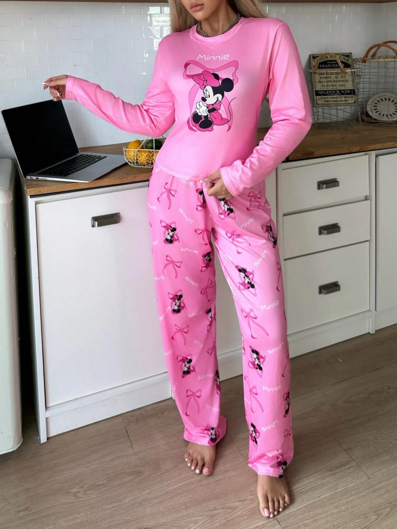 طقم صالة نسائي بمقاسات متعددة طباعة ثنائية الأبعاد رومانسية لطيفة من البوليستر لربيع وخريف وشتاء ملابس منزلية مريحة هدية