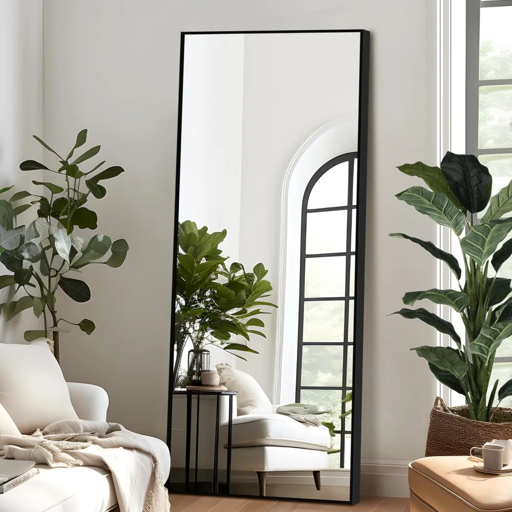 Miroir pleine longueur avec support, miroir de sol complet avec cadre en alliage d'aluminium 64" x 24", noir – autoportant, penché contre le mur