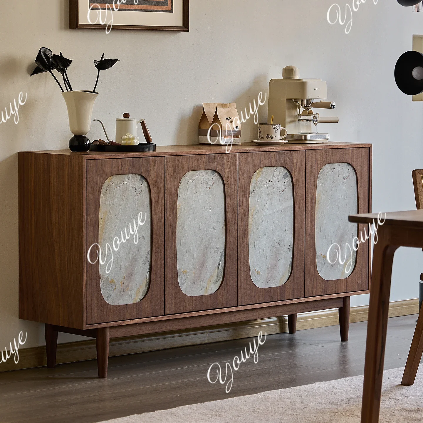 

J Pure Solid Wood Dining Side Cabinet, Antique Black Walnut Dining Table, Restaurant Locker, High-value Tea Cabinet