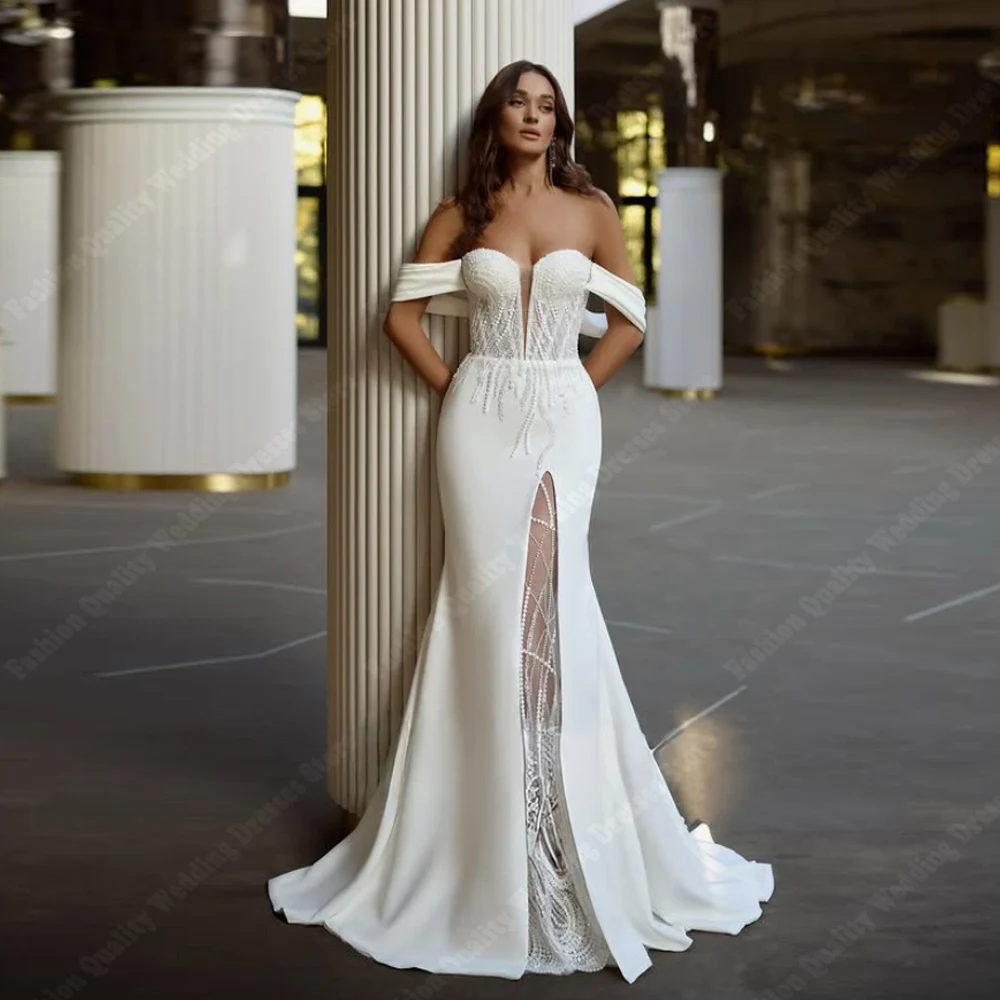 ชุดแต่งงานผู้หญิงแบบคอหวาน แขนกุด เซ็กซี่ เปิดไหล่ ทรงบอลล์ ยาวลากพื้น  แบบสั่งตัดได้