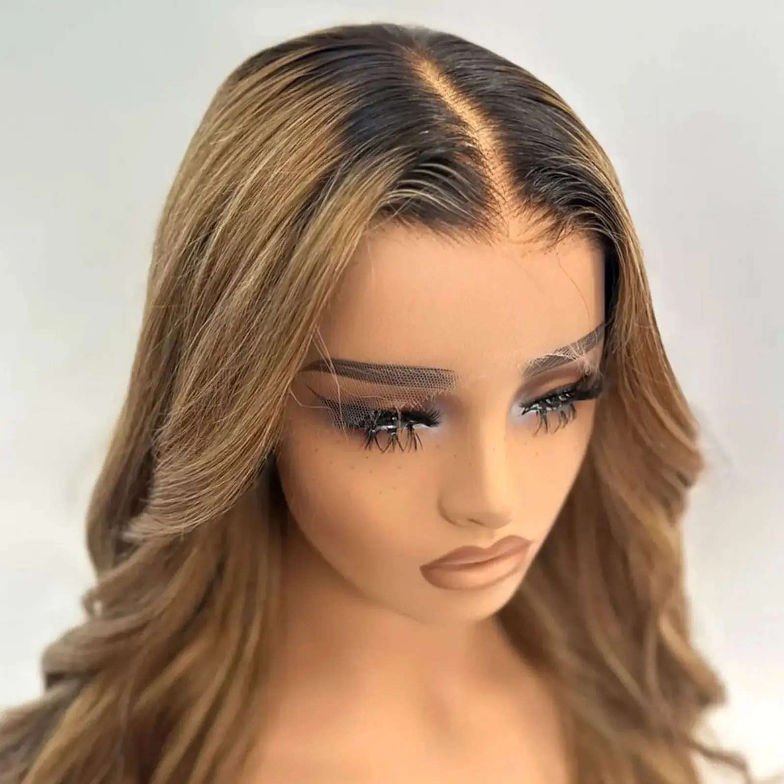 New Honey Brown Natural Synthetic Wig With Dark Roots Loose Wave 26 Inches Soft 13*4 High Quality HD Lace Frontal Wigs For Women