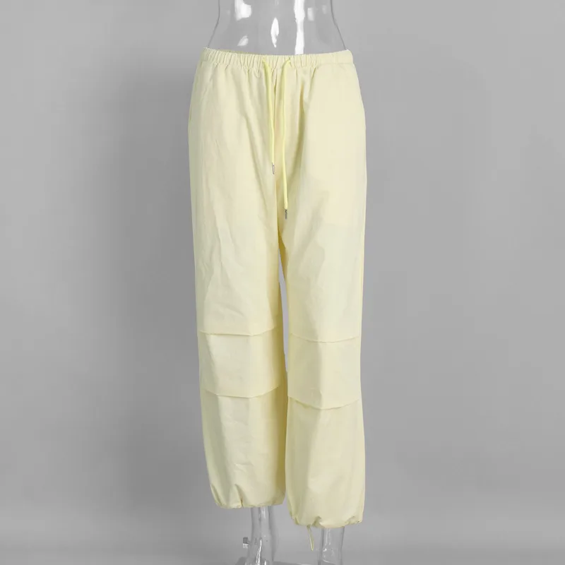 2025 Autumn Women Cargo Pants Yellow Cotton Baggy Trousers Low Waist Drawstring Elastic Waist Wide Leg Streetwear Long Pants New