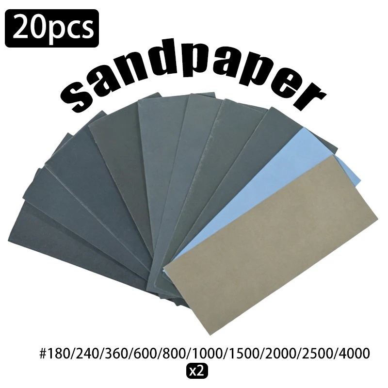 20 pièces de papier abrasif grains 180, 240, 360, 600, 800, 1000, 1500, 2000, 2500, 4000, pour ponçage à l'eau ou à sec, outils abrasifs