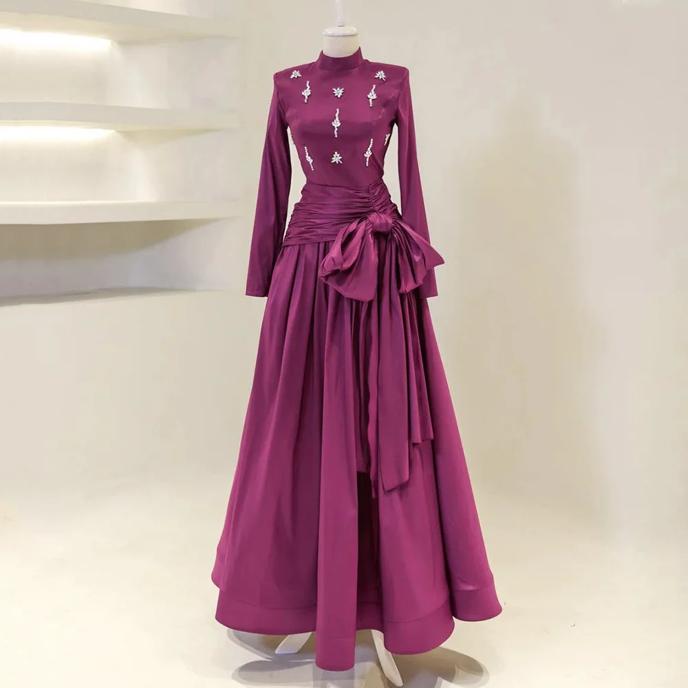 

Вечерние платья в Саудовской Аравии для женщин с высоким воротником и длинными рукавами, вечерние платья, длинное трапециевидное платье с кристаллами и бантом, свадебное платье для гостей