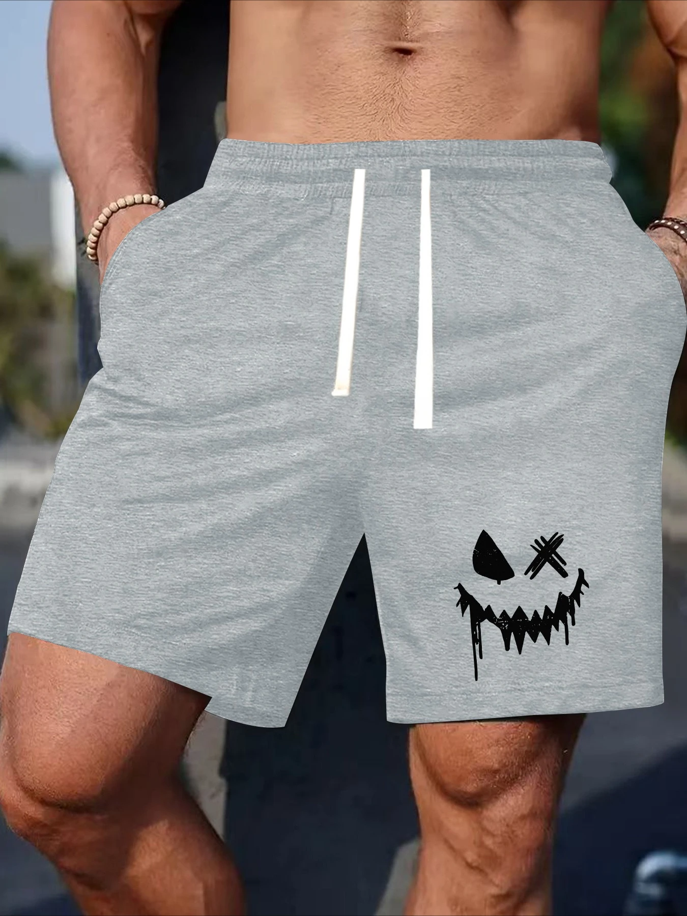 

Мужские летние модные повседневные шорты с принтом эмодзи, свободный крой, эластичный пояс с завязками, подходят для повседневной носки