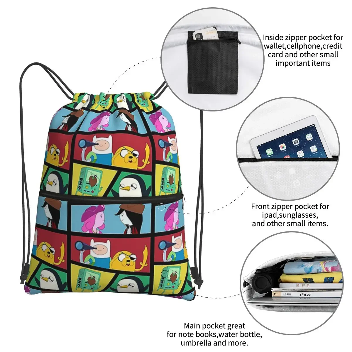 Adventure Time Pirates Backpacks Drawstring Bag Fashion Drawstring Bundle Pocket Sundries Bags For Travel Sport Man Woman