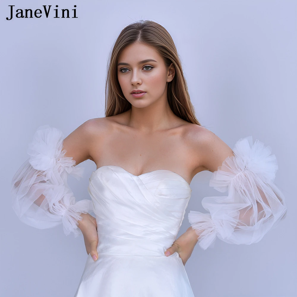 JaneVini White/Ivory Tulle Bridal Sleeve Detachable Flowers Puff Sleeve Sheer Arm Cover Wedding Stuff Braut Bolero Cape Wraps