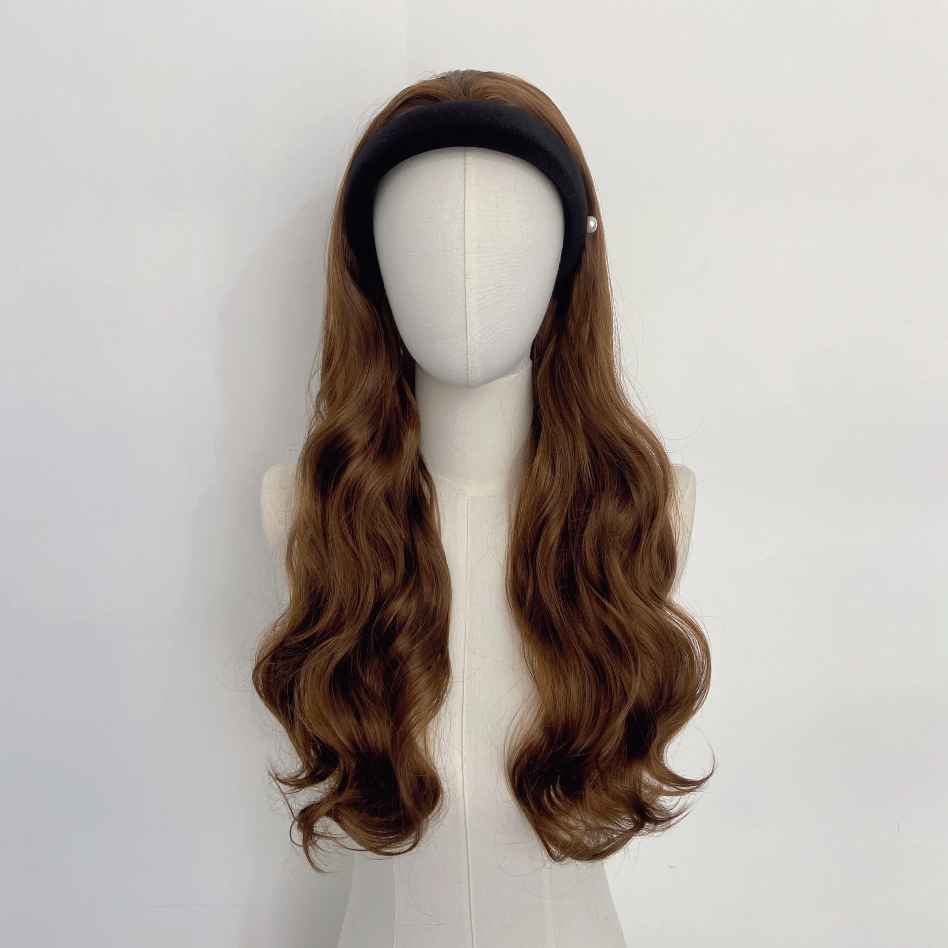 Black Headband Wig Women Brown Water Wave Long Curly Synthetic Half Wig Daily Natural