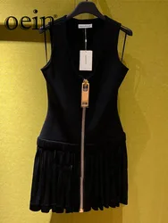 [oein] 2023 Summer New Black Sleeveless Dress With Zipper Design, Slim Fit, High Waist, Sexy Tank Top, Short