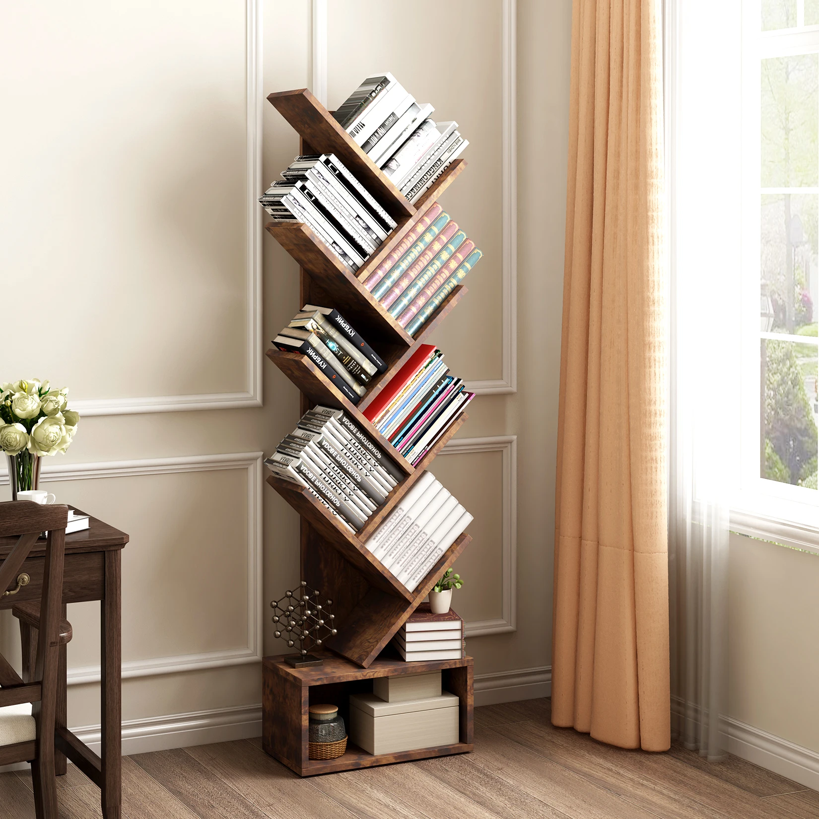 Tree Bookshelf with Storage, 8 Tier Wooden Tall Book Shelf, Floor Standing Bookcase for Kids and Adults, Utility Organizer Shelves for Living Room