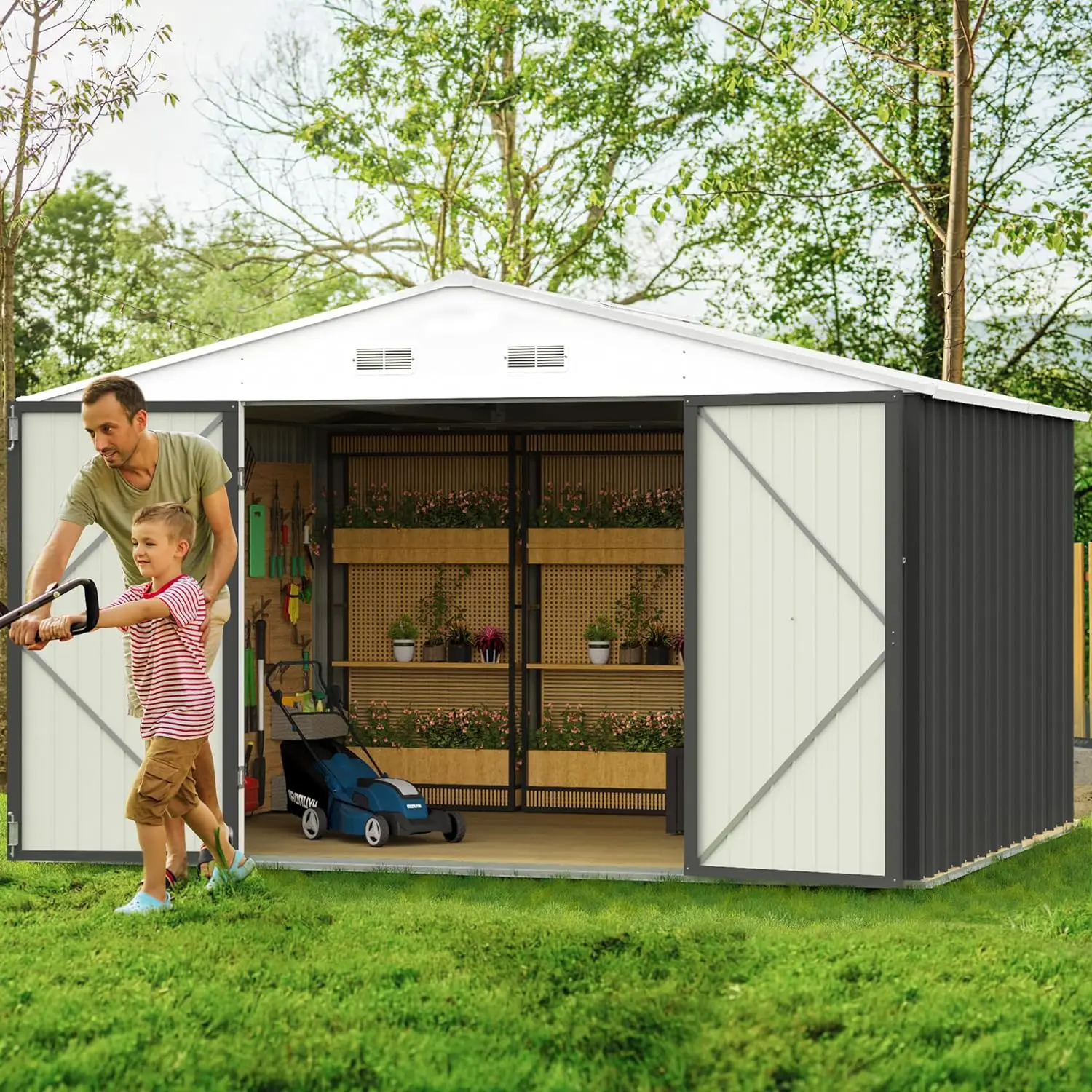 Imagem -02 - Metal Garden Shed com Porta Bloqueável Galpão de Armazenamento ao ar Livre Ferramenta Impermeável Exterior Quintal Pátio Cinza 10x8 ft