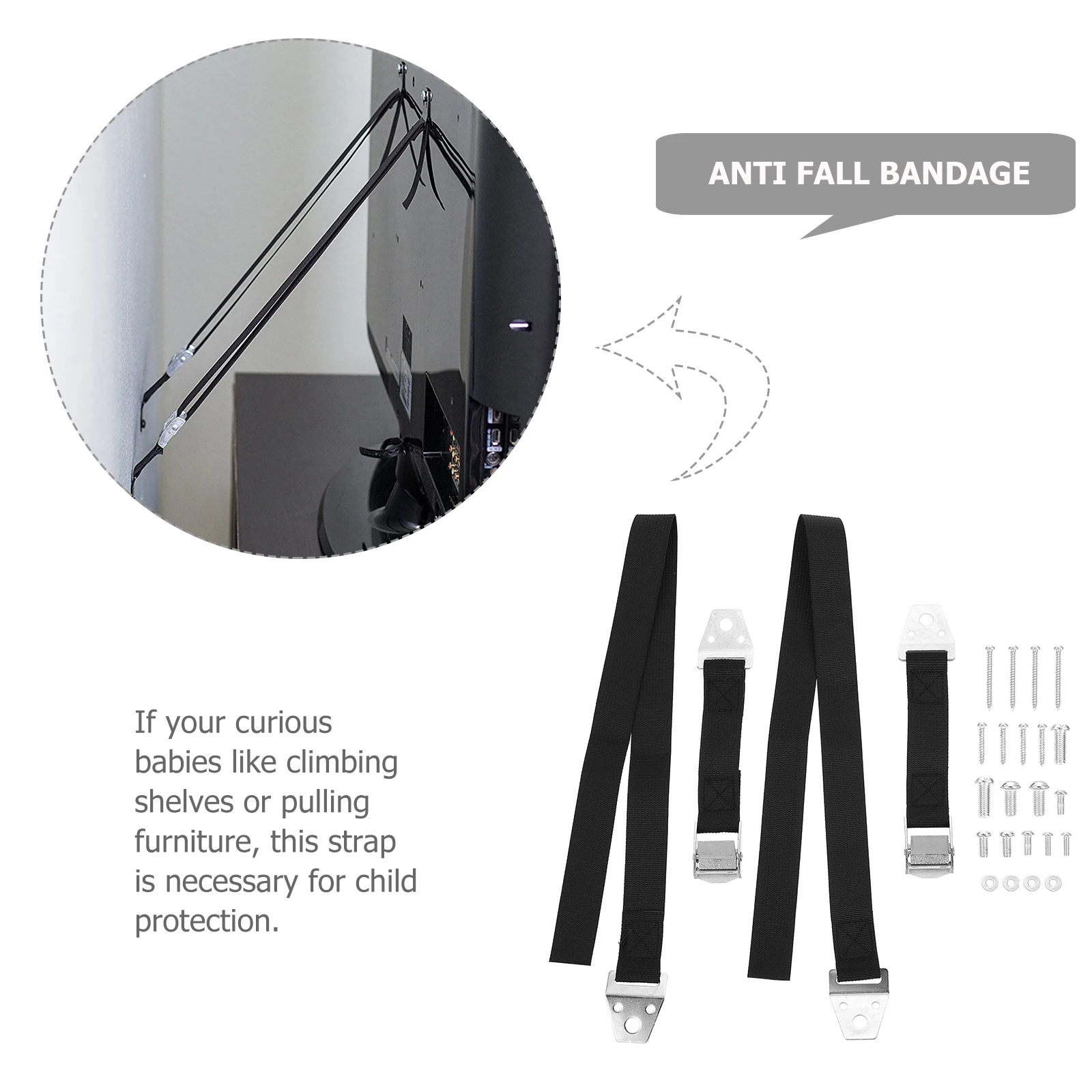أشرطة تثبيت ذات طرف عالي التحمل لسلامة الأطفال، حزام أثاث من سبائك الزنك الأسود، أحزمة أمان قوية