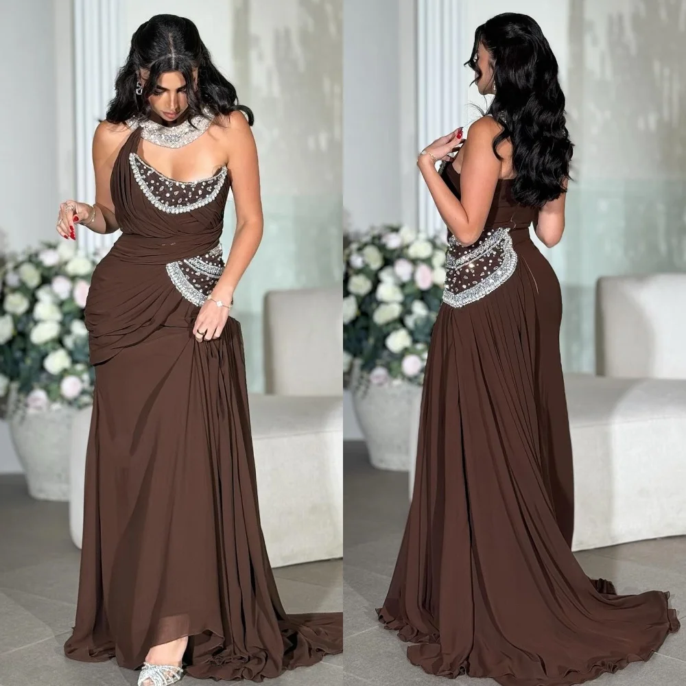 

Customized Exquisite Classic Chiffon Rhinestone Pleat Straight High Collar Long Dresses Bespoke Occasion Dresses Matching Sexy