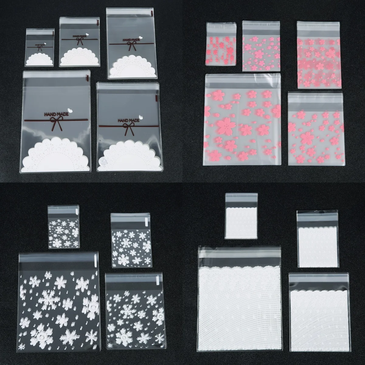 100/200pcs Sakura Snowflake Lace Transparent Self Sealing Bag Pink Flower Pattern Plastic Bag for Candy Cookie Jewelry Packaging