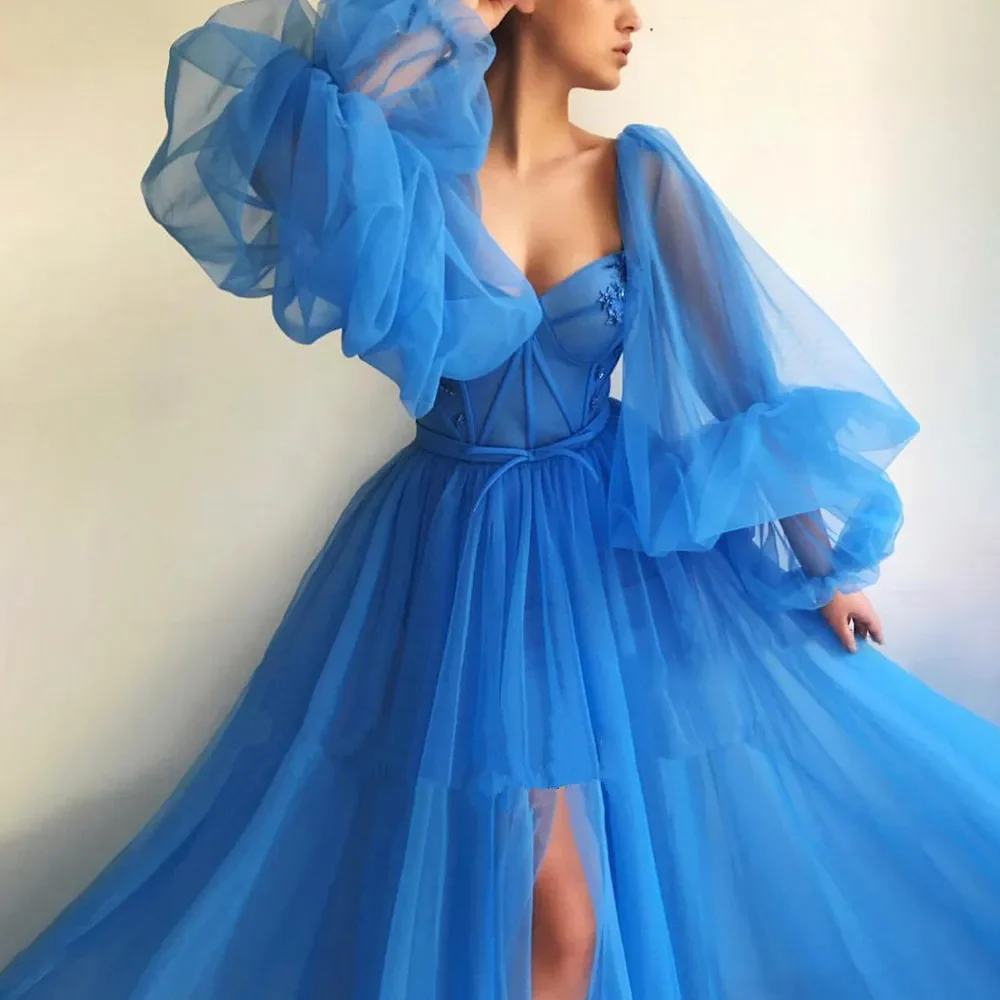 

Elegant Blue Seetheart Prom Dresses Long Puff Sleeves Exposed Boning Illusion High Slit Tulle A-Line Formal Evening Dresses