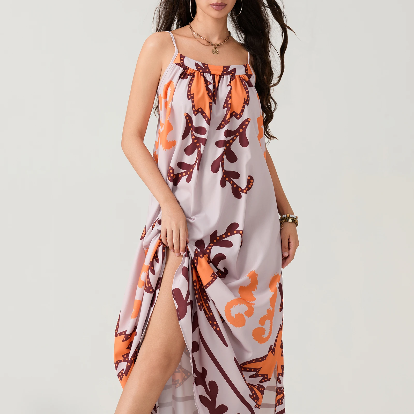 Women Summer Casual Long Dress Print Spaghetti Strap Sleeveless Cami Dress Loose Tie-Up Backless Holiday Dress