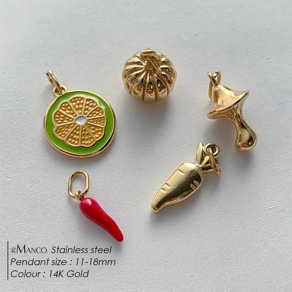 EMANCO Goldfarbene Edelstahl-Anhänger im natürlichen Stil mit Gemüse- und Fruchtmotiven wie Karotte, Chili, für DIY-Halsketten und Schmuckherstellung. – Detail 1