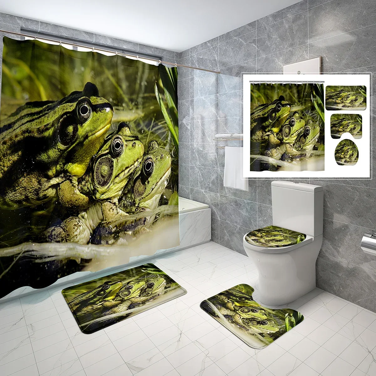 4 Pcs Frog Shower Curtain Set Animal Green Leaves Shower Curtain Bathroom Non-Slip Bath Mat Toilet Cover Shower Curtain Set