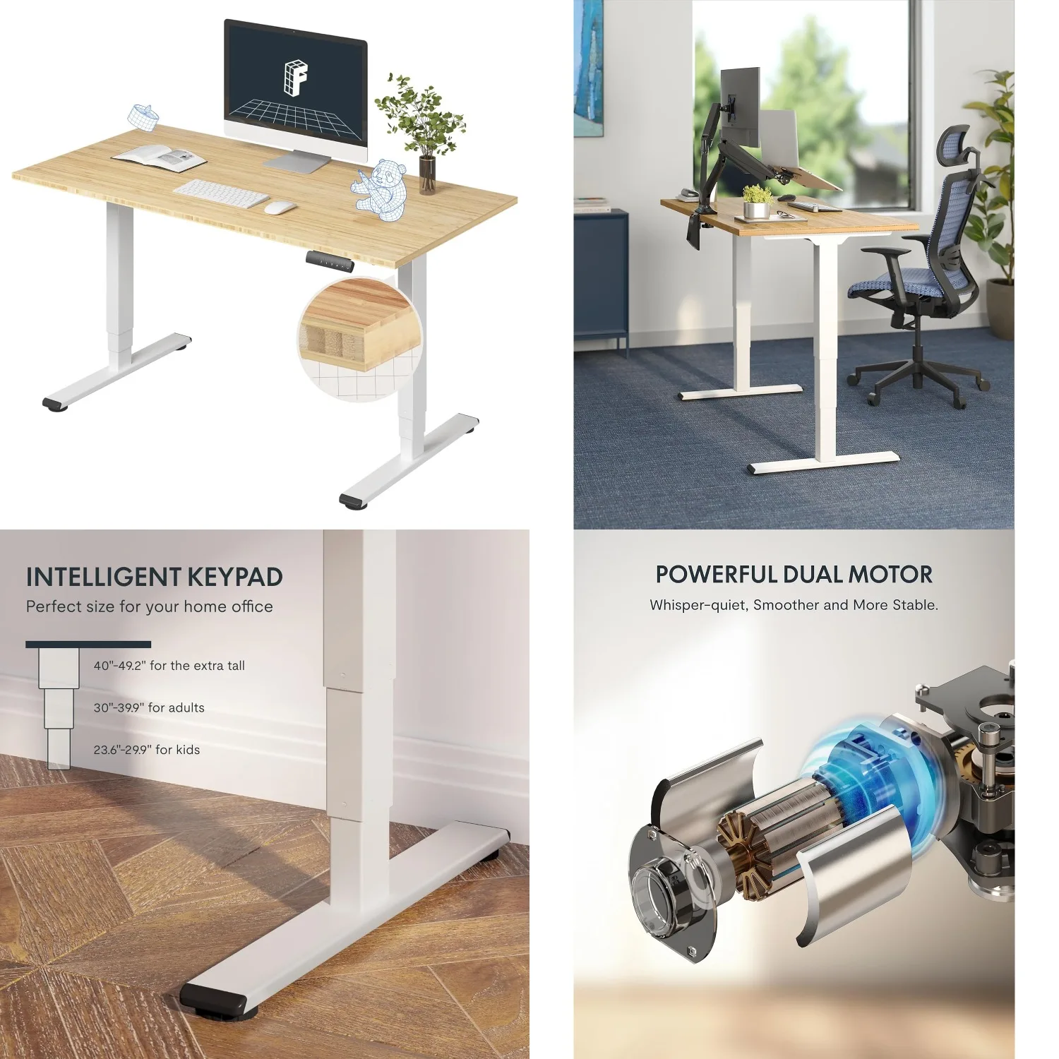 

3-Stage Dual Motor Standing Desk 55x28 Sit Stand Memory Preset 220lb Bamboo Top White Frame Customized